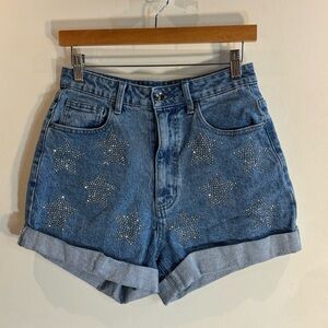 HOT TOPIC Sz 25 High Rise Studded Stars Cuffed Hem Denim Shorts Zipper Closure